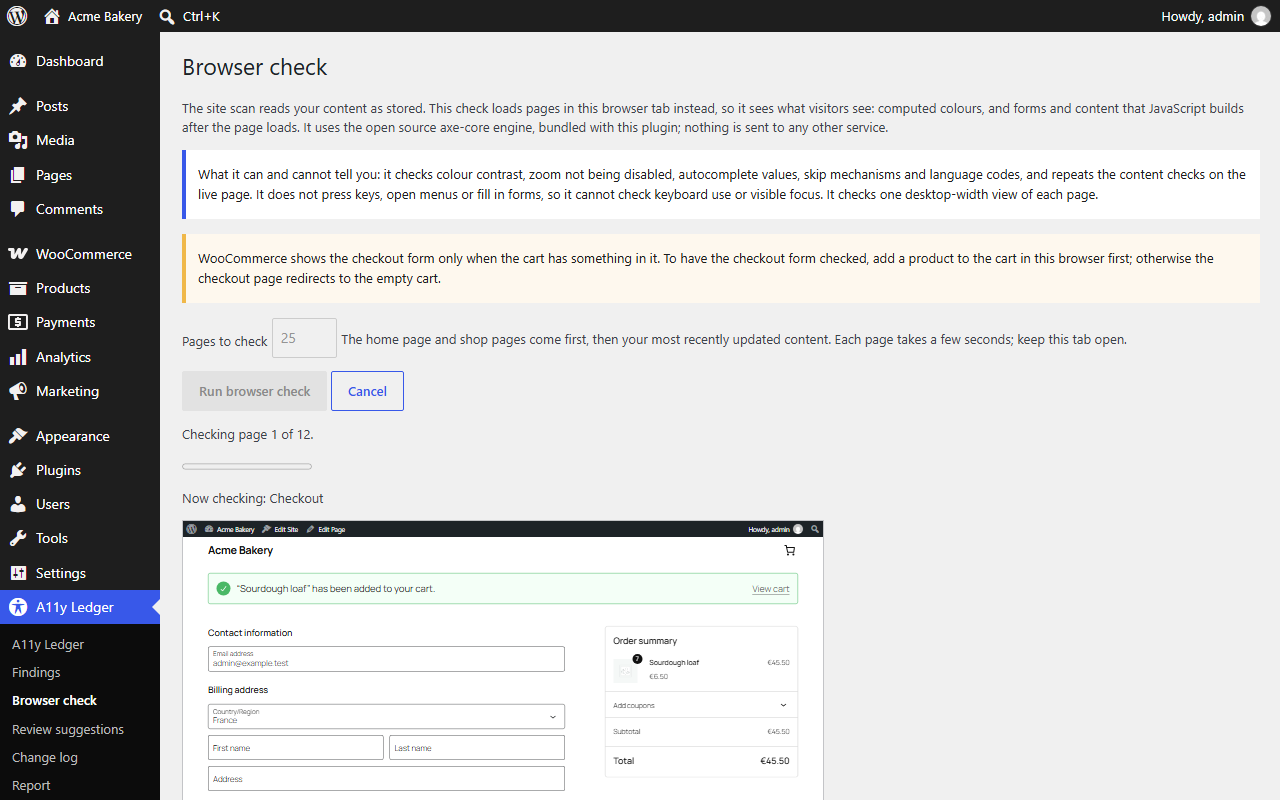 The Browser check screen, mid-run, showing Checking page 1 of 12 with a progress bar and the label Now checking: Checkout. Two notices state what the check can and cannot tell you, and that WooCommerce only shows the checkout form when the cart has something in it. Below, a live preview of the site's block checkout with contact and billing fields and an order summary.