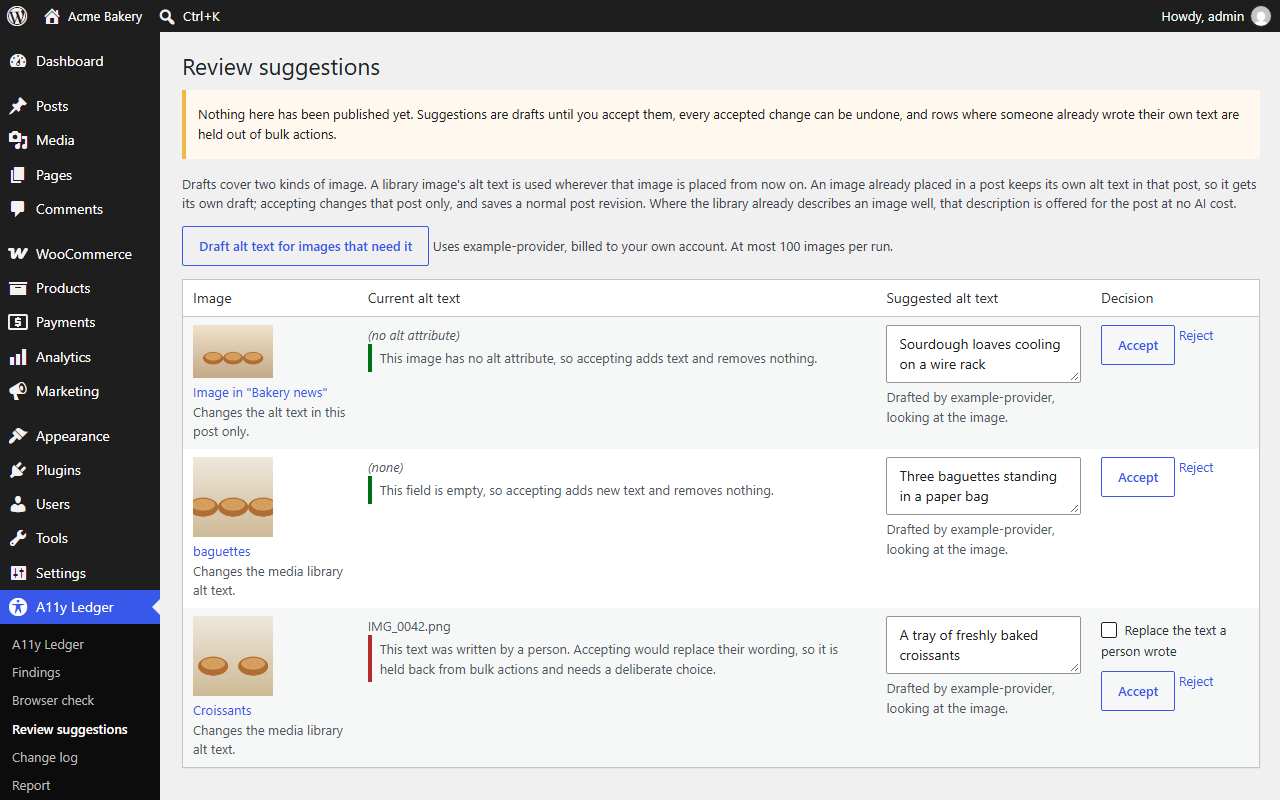 The Review suggestions screen. Three rows, each showing a thumbnail, the current alt text, a suggested alt text in an editable box attributed to a drafting provider, and Accept or Reject controls. The first two rows note that the field is empty so accepting removes nothing. The third row, where a person wrote the existing text, is marked as held back from bulk actions and requires ticking a separate box to replace the text a person wrote.